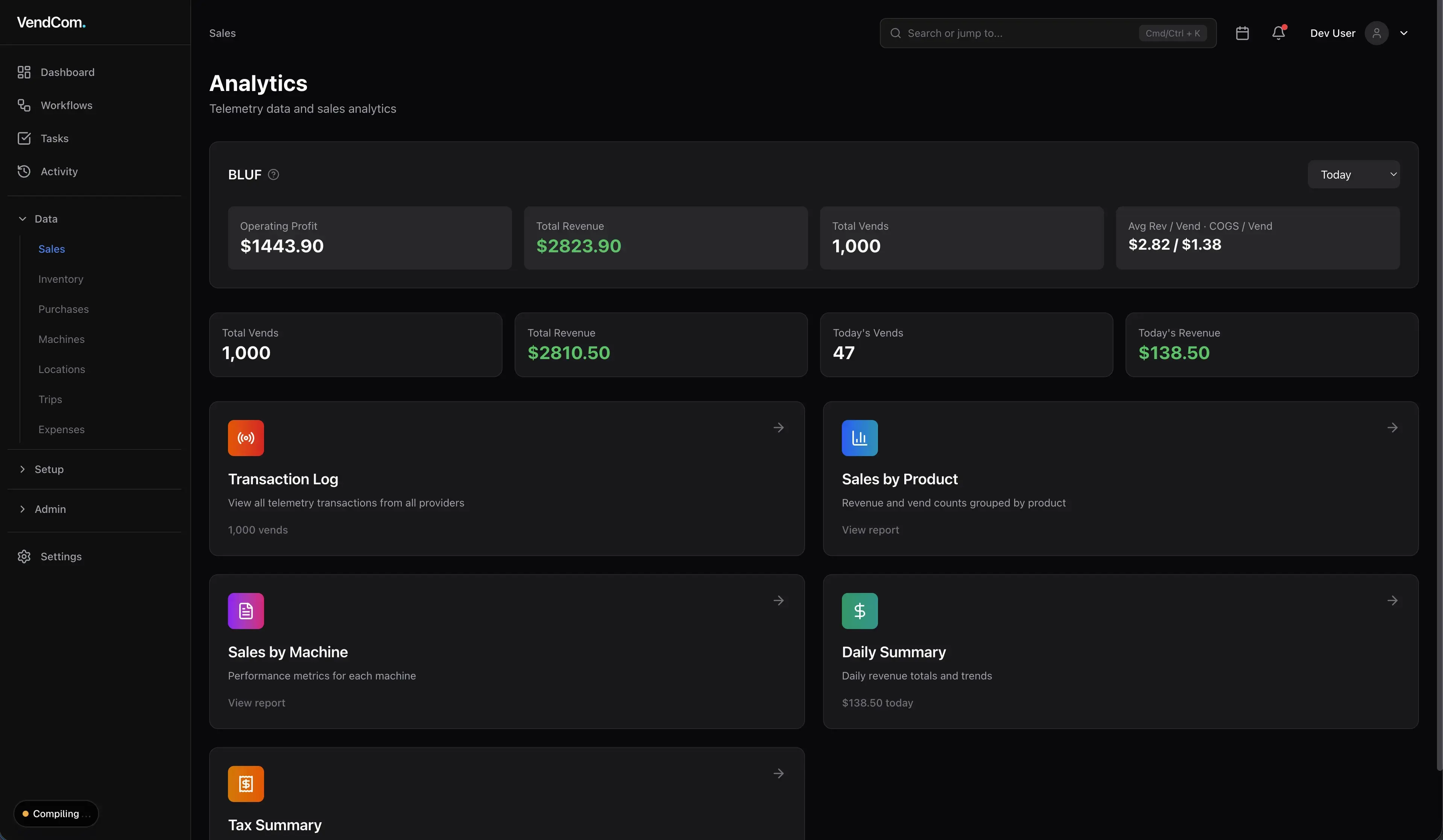VendCom machine planogram showing slot-level product layout with prices and inventory
