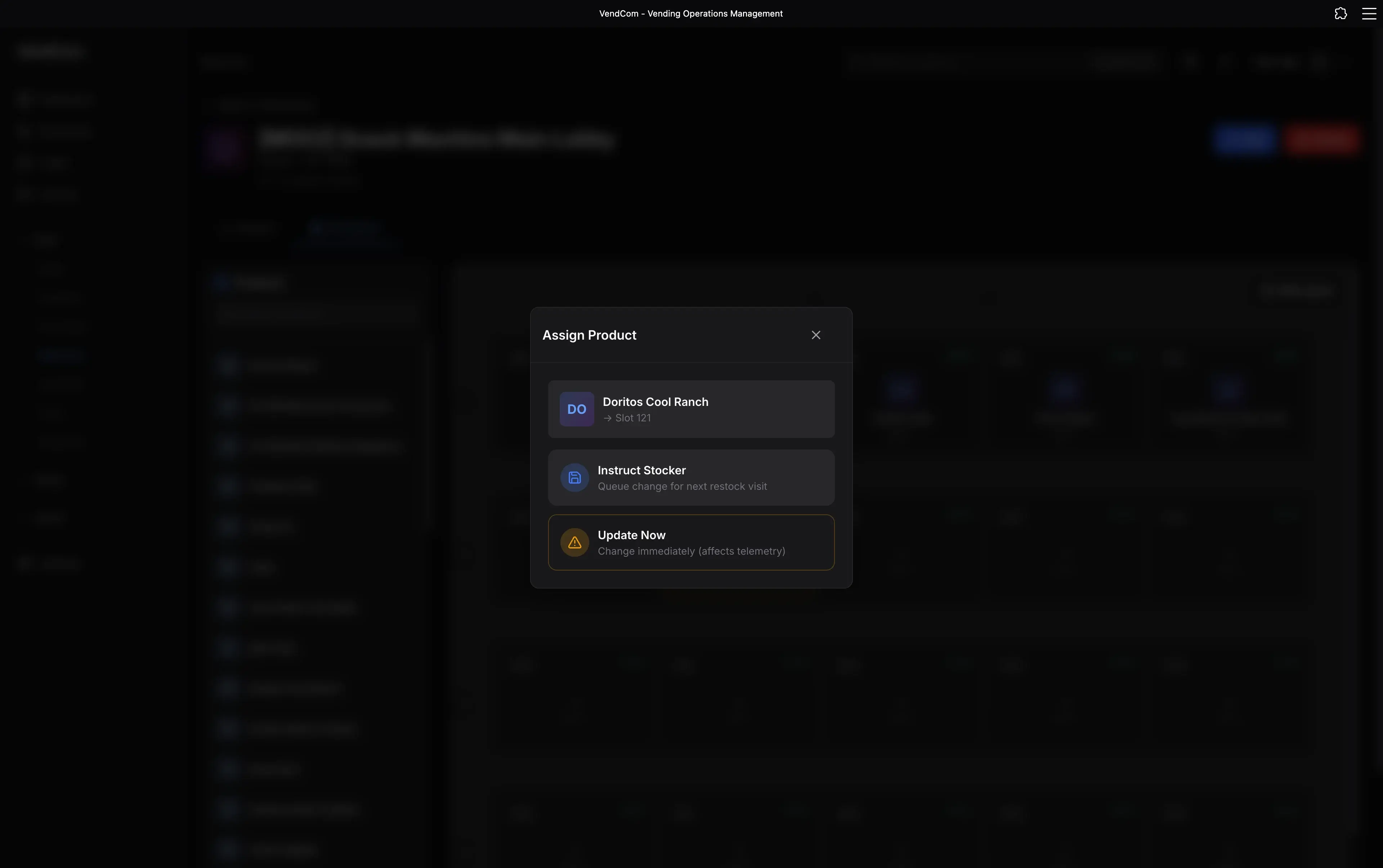 VendCom stocker instruction dialog with swap, instruct, and update options